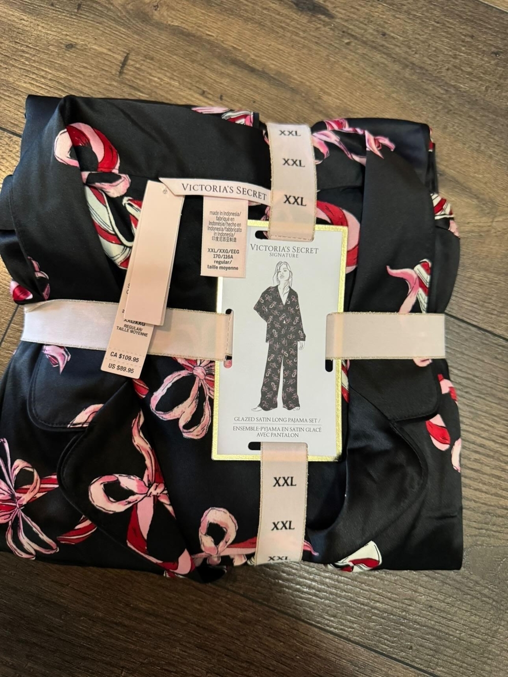 Victoria's Secret Black Satin Pajama Set with Pink and Red Bow Print